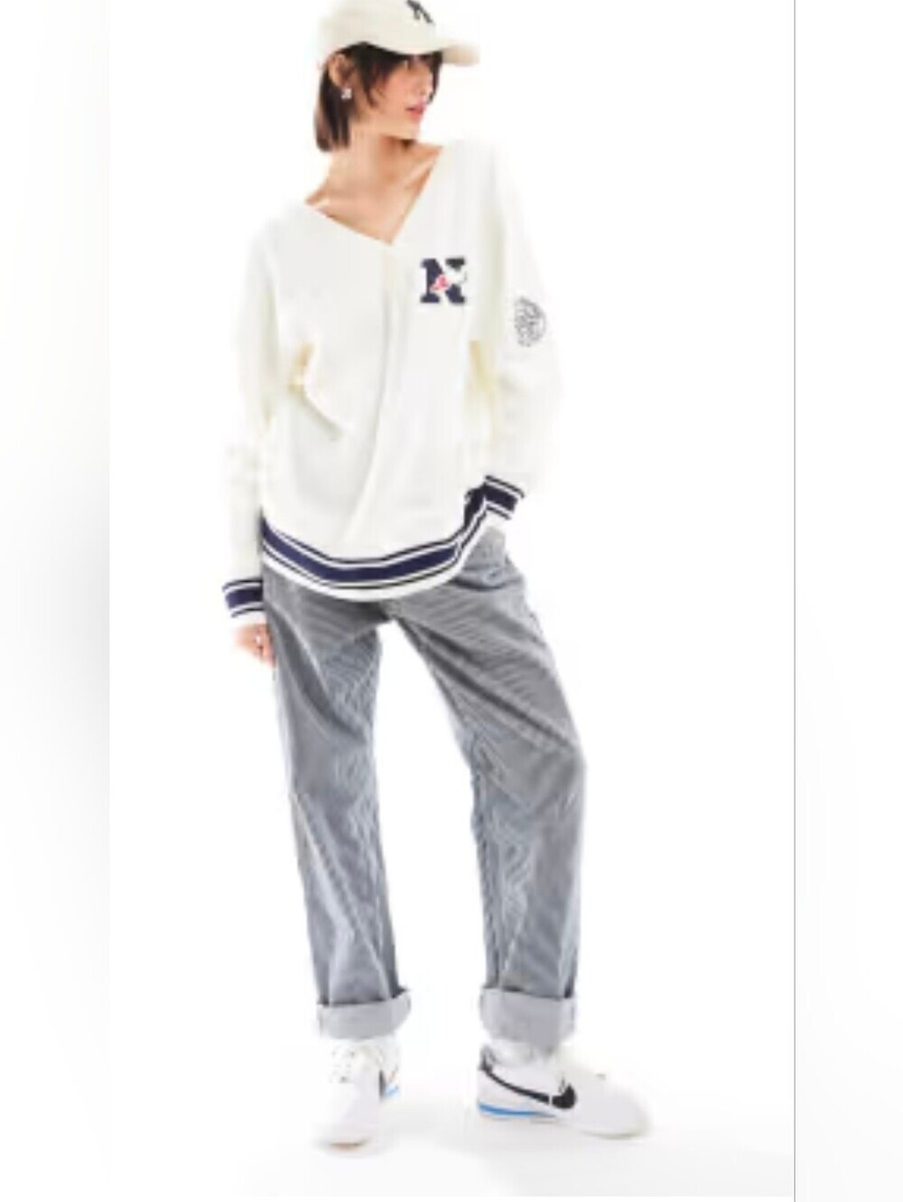 Nike Sail White V-neck Varsity Sweatshirt with Navy Stripes and 'N' Patch NWT - Picture 2 of 9